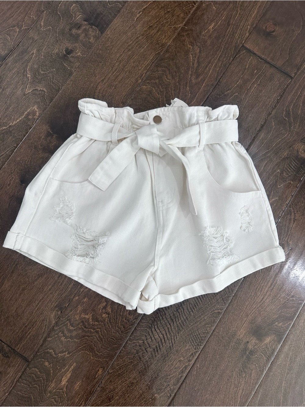 HYFVE White Paperbag Waist Distressed Denim Shorts with Tie Belt